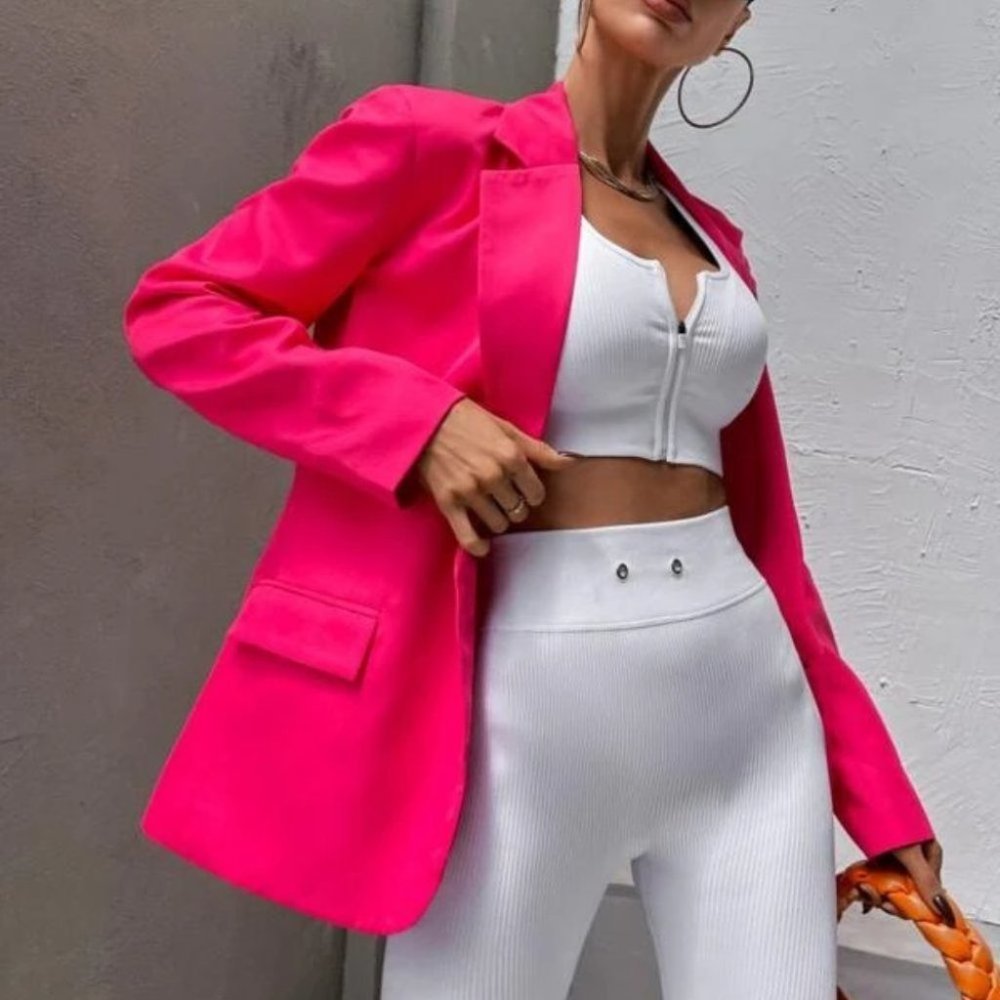 Work Chic  Lapel Neck Single Button Blazer Hot Pink